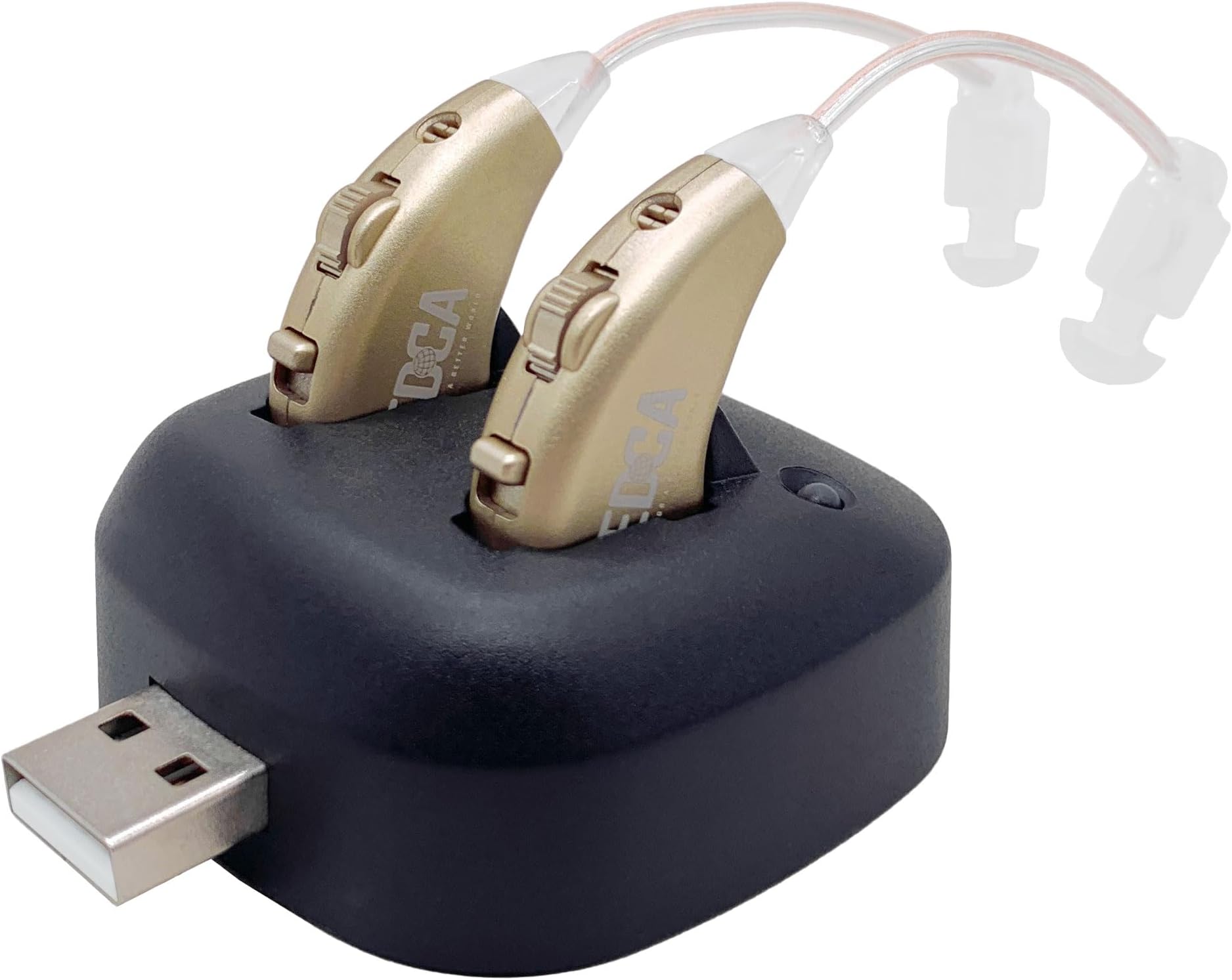 Rechargeable Digital Sound Enhancers - Pair of Lightweight Behind-the-Ear Audio Amplification Devices with USB Dock, Premium Gold Finish