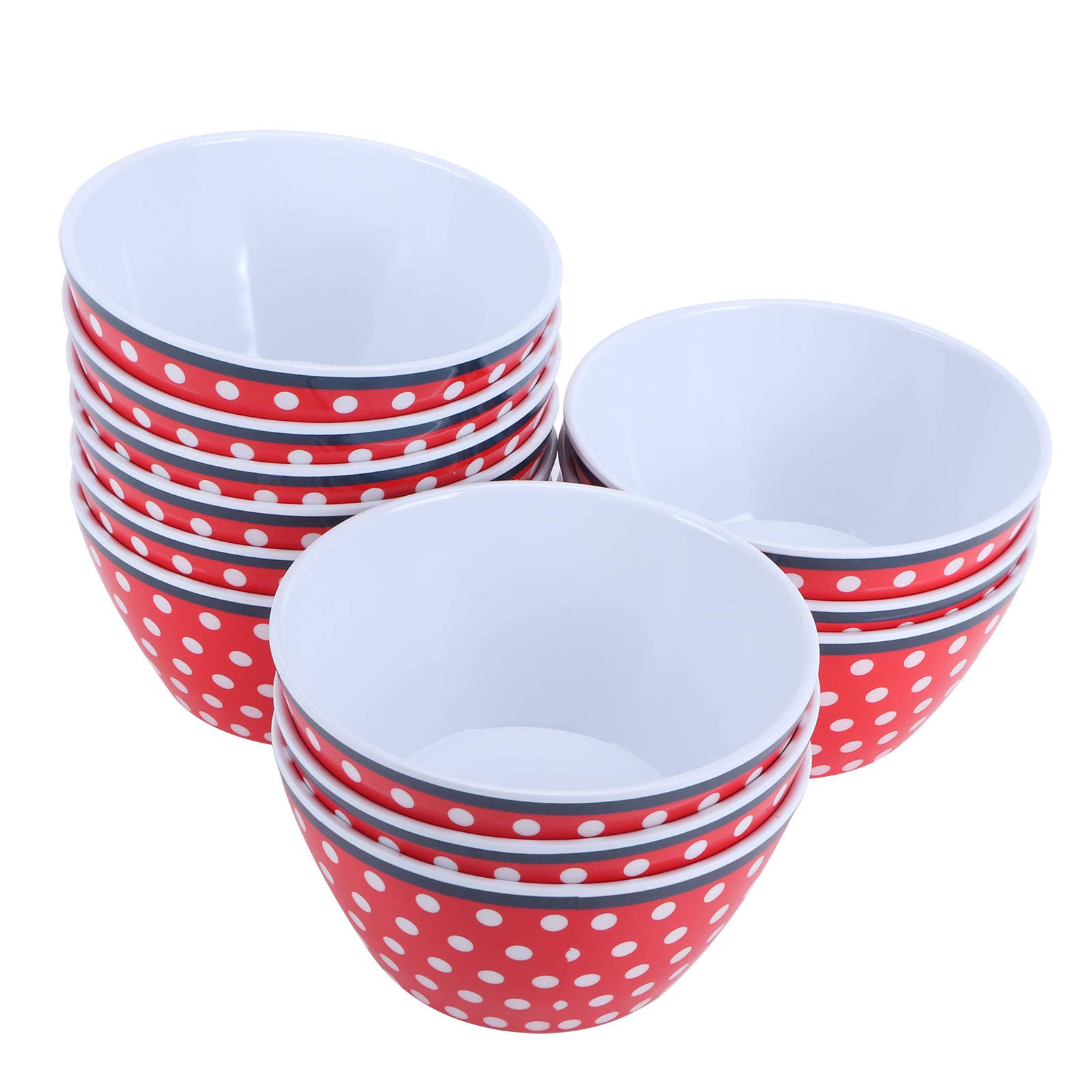 Cocoarm 12 Salatschüsseln aus Melamin, 14,6 X 7 Cm, Serviergeschirr, Stapelbar, Leicht zu Reinigen, Großes Fassungsvermögen für Salat, Suppe, Nudeln, Nudeln, Küchengeschirr (Rot mit Punkt)