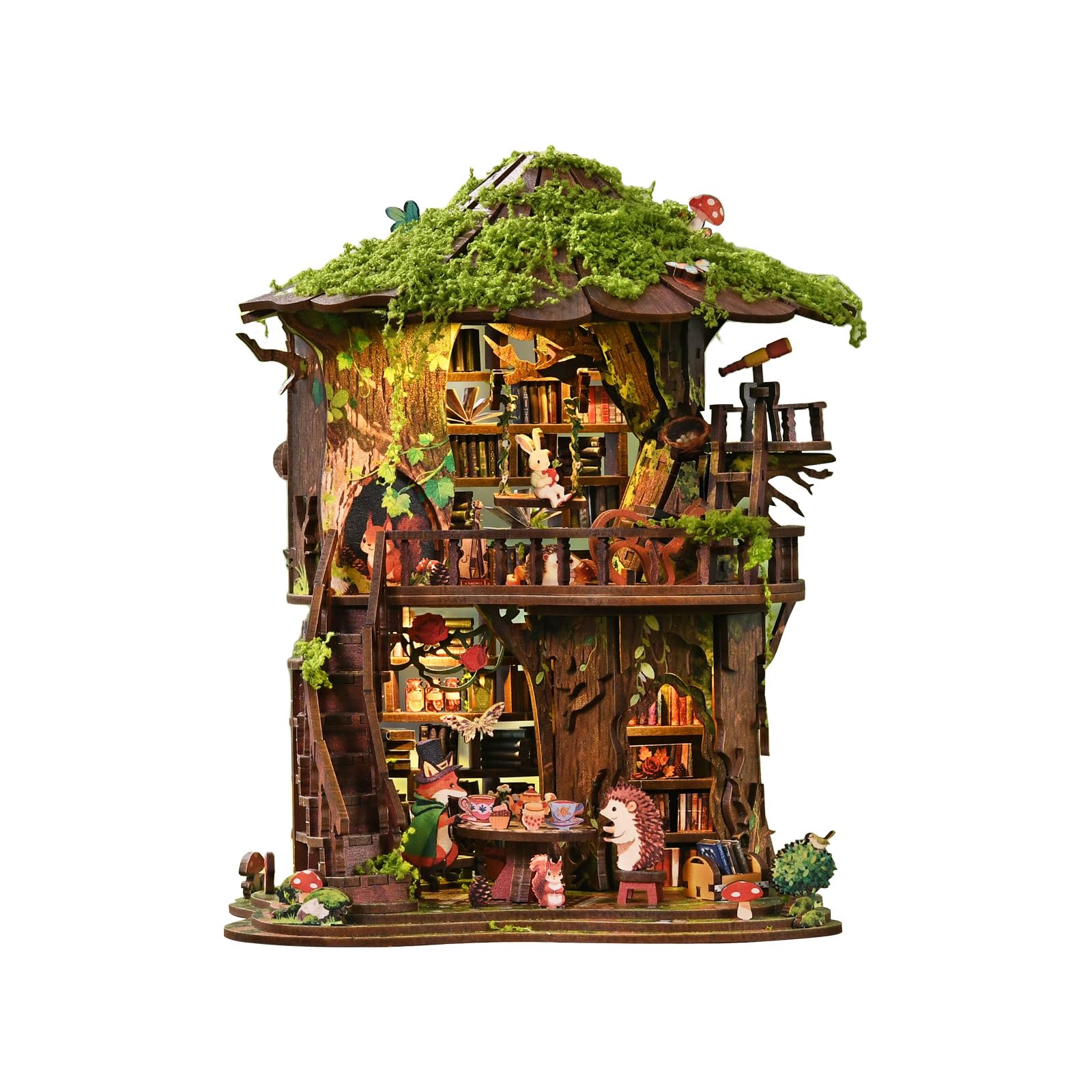 Forest Tea Book Club DIY Miniaturowy zestaw podpórek do książek, drewniane puzzle 3D ze światłem LED, zestaw do budowania dla dorosłych, idealny prezent dla miłośników książek (AW02-006)
