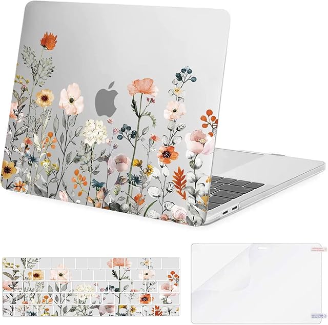 MOSISO Compatible with MacBook Pro 13 inch Case 2023 2022 2021-2016 M2 M1 A2338 A2289 A2251 A2159 A1989 A1706 A1708, Plastic Garden Flowers Hard Case & Keyboard Cover & Screen Protector, Transparent