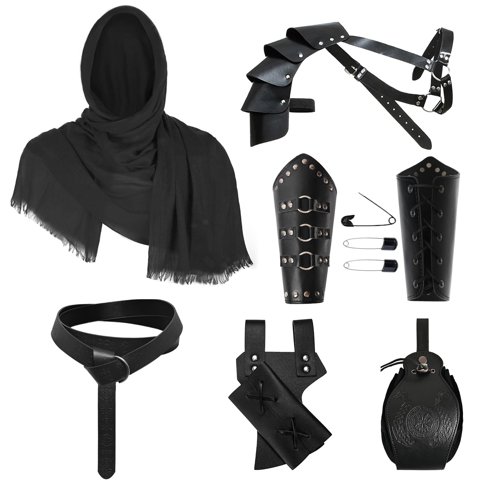 Accessori per cavalieri medievali, Set di accessori retrò per cosplay per uomo, mantello medievale con cappuccio, gurtel e bracciali, borsa da cintura (Style 03)