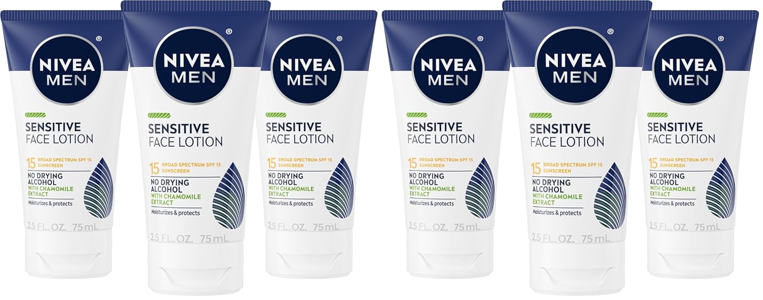 NIVEA MEN Sensitive Face Lotion with SPF 15,Broad Spectrum Sunscreen of 2.5 Fl Oz Tubes,(Pack of 6)