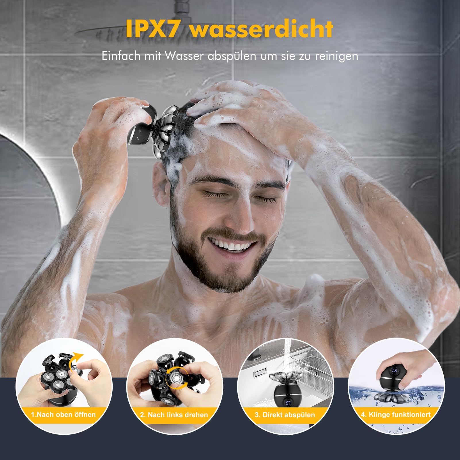 ETENTOUS Rasoir Tete Chauve Homme, 7D Rasoir Électrique Homme- 6 en 1 Tondeuse Crane Chauve- Humide/Sec Étanche IPX7 pour Hommes Chauves avec Écran LED.