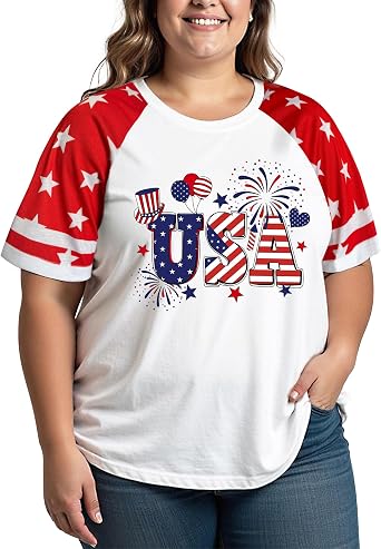 4th of July Shirts Women Plus SizeUSA Color-Blocking Short-Sleeve American Flag Crew Neck Graphic T-Shirt