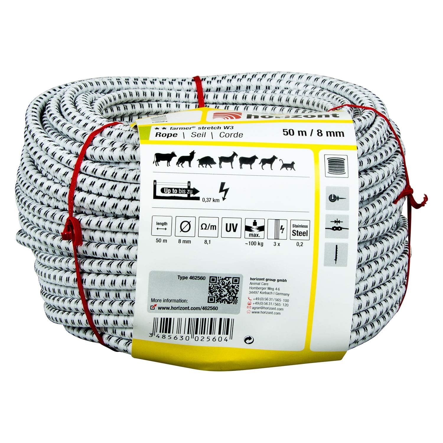 horizont Weidezaunseil farmer stretch W3, 50 m lang, 8 mm breit, 100 kg Bruchlast, für kurze bis mittlere Zäune, Weidezaunseil für Pferde Litze, Elektrozaun für Pferde, Farming Weidezaun