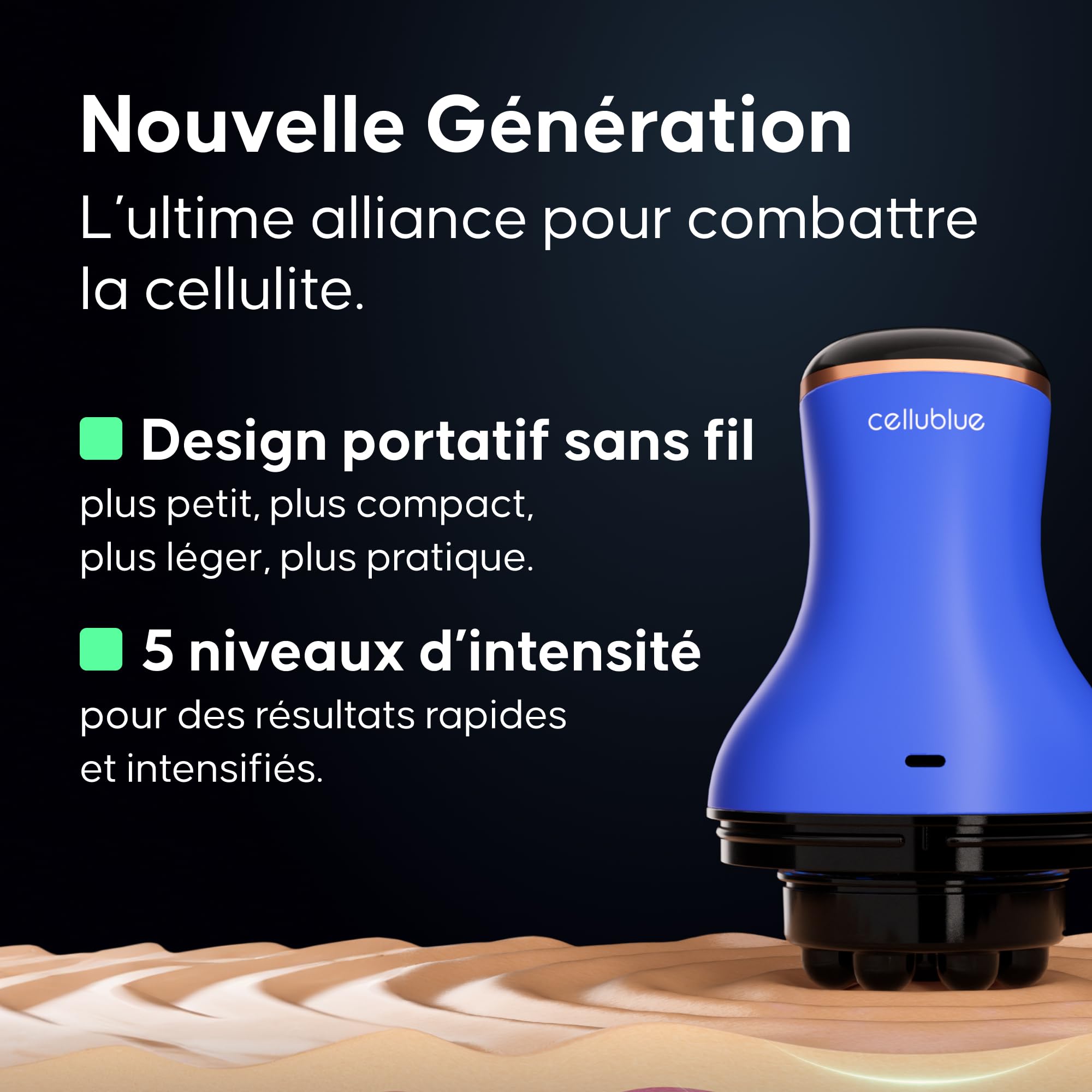 Appareil Minceur Intelligent Sans Fil Cellublue - L'original - Massage puissant amincissant électrique 2900 rotations/min, Double tête de massage - Écran tactile, rechargeable USB-C - Portable