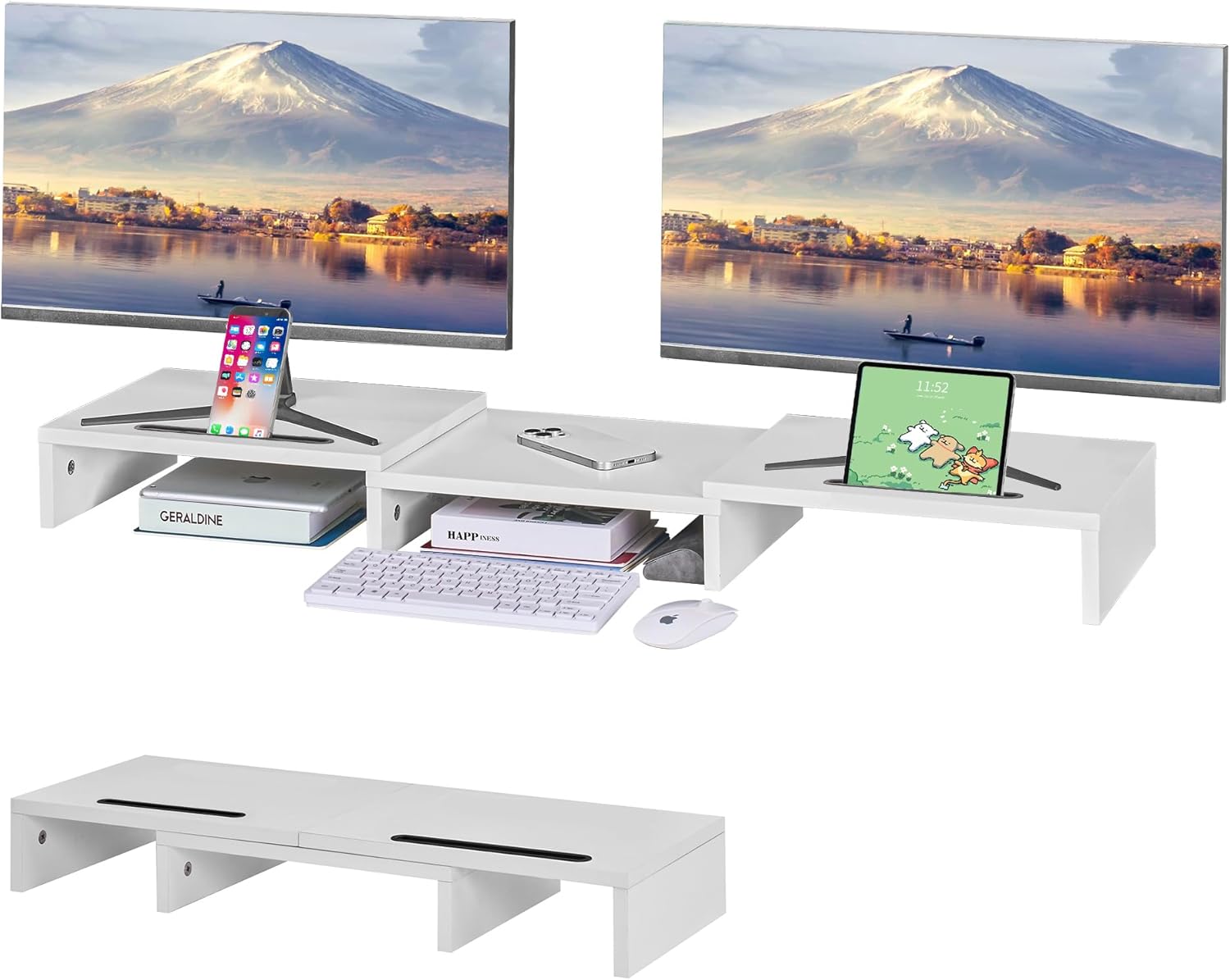 VECELO Desktop Monitor Stand, 3-Section Structure, Width 39.4 - 31.5 inches (100 - 80 cm), Tablet Rest Slot, Adjustable, Width 27.6 inches (70 cm), Computer Stand, Desktop Storage, Stationery Storage
