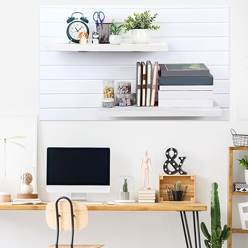 Miniatura 2 de Landical Paquete de 4 estantes de madera de pared de listones, estantes blancos con ganchos de metal, juego de accesorios montados para garaje,