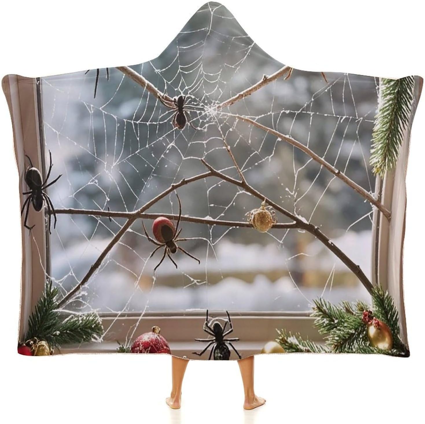 Halloween Spider Web Wearable Hooded Blanket, Ultra Soft Arctic Velvet Cape Cloak Unisex - Cozy Wearable Blanket