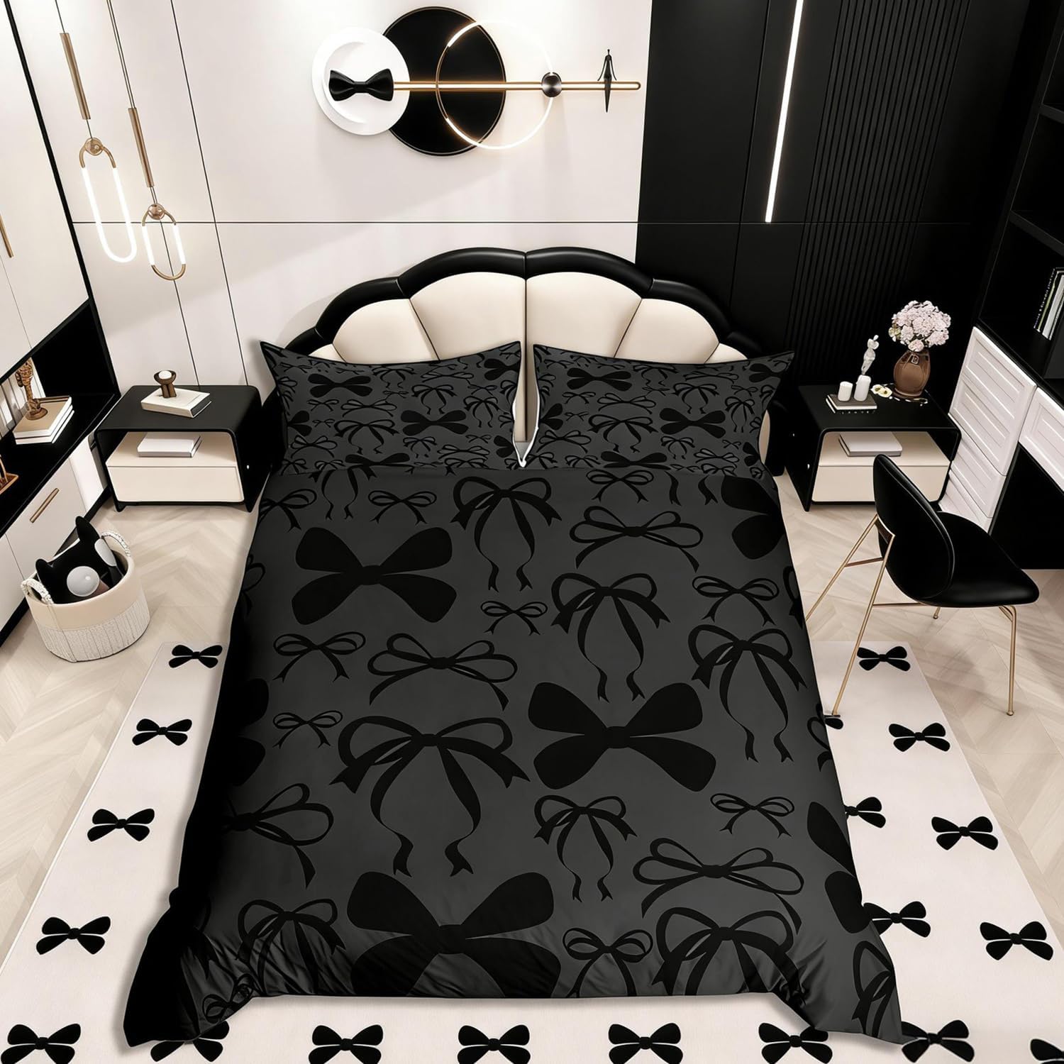 Homemissing Bowknot Duvet Cover Set Cot Size for Kids Boys Girls Black Lovely Bow Bedding Set for Women Kawaii Bow Duvet Cover with 1 Pillowcase Cute Bowknot Bedding