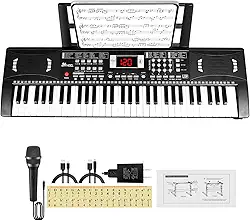 Teclado de piano elétrico, teclado digital de 61 teclas para piano com alto-falante e suporte para partituras, presente para crianças iniciantes na educação infantil, preto
