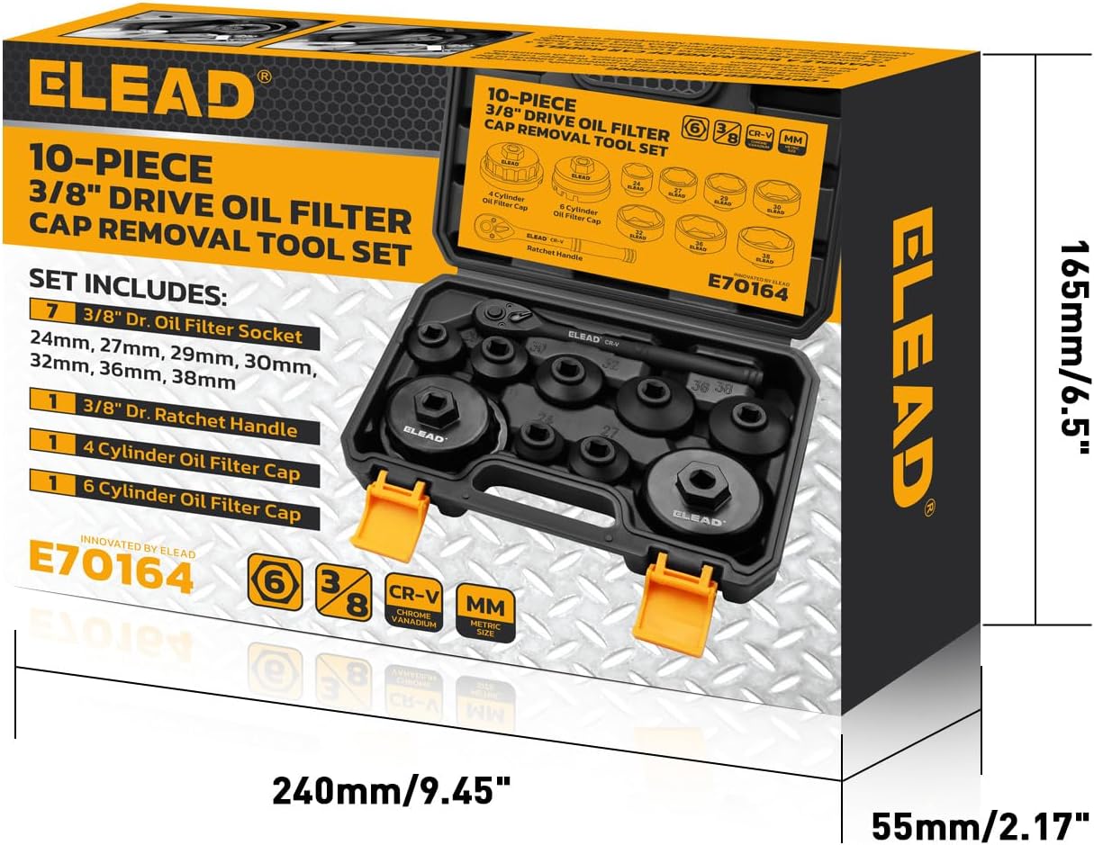 ELEAD 10-Piece Oil Filter Socket Wrench Set, 3/8" Drive Metric Cap Oil Filter Removal Tool, Low Profile Filters Socket Set with Ratchet Wrench Handle, Oil-change Kit Compatible with Toyota BMW Honda