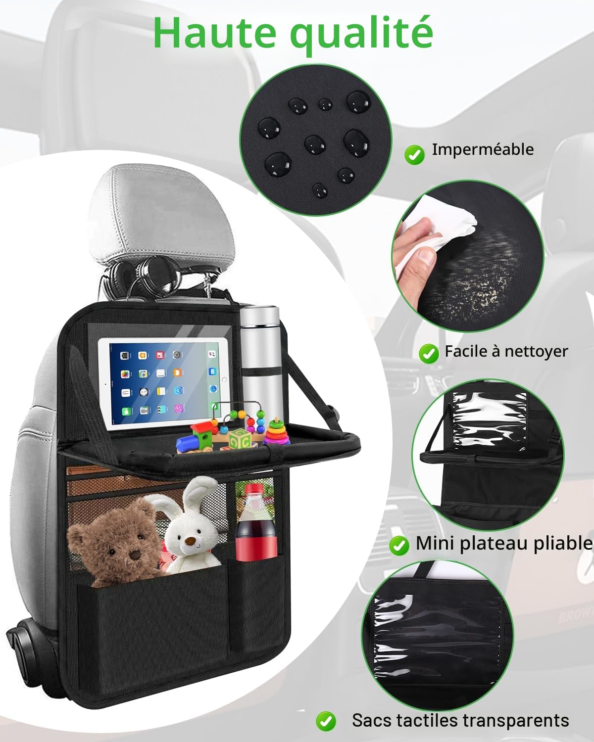 Lot de 2 organisateurs de siège de voiture, grande protection de dossier et sac de rangement étanche multifonction pour enfants, protection de siège avec table pliante, poche pour tablette