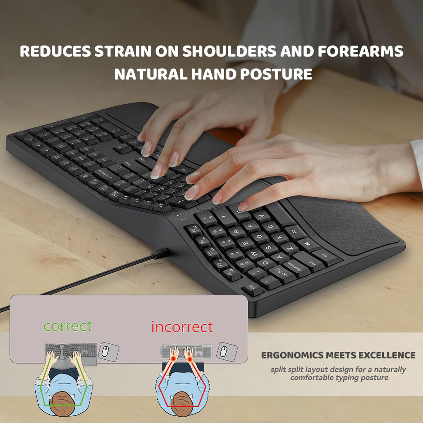 Tastiera Ergonomica Divisa, Tastiera per Computer USB 2.0 Cablata con 110 Tasti e Design Silenzioso, con Poggiapolsi Ad per PC Portatile, comodità di Digitazione in Ufficio