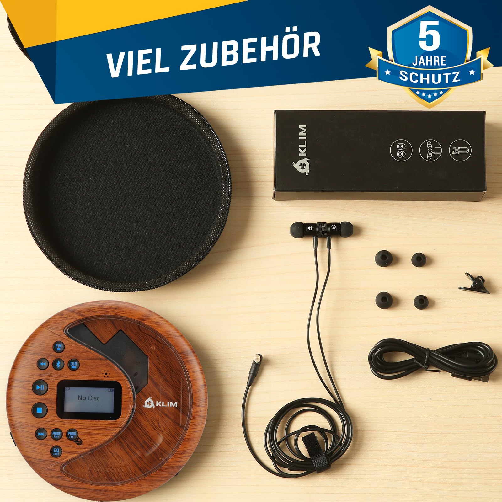 KLIM Discover + Tragbarer CD-Player Walkman mit langlebigem Akku + Mit Kopfhörern + Radio FM + Kompatibler MP3-CD-Player + SD-Karte, FM-Transmitter, Bluetooth + Ideal für Autos + Portable CD Player