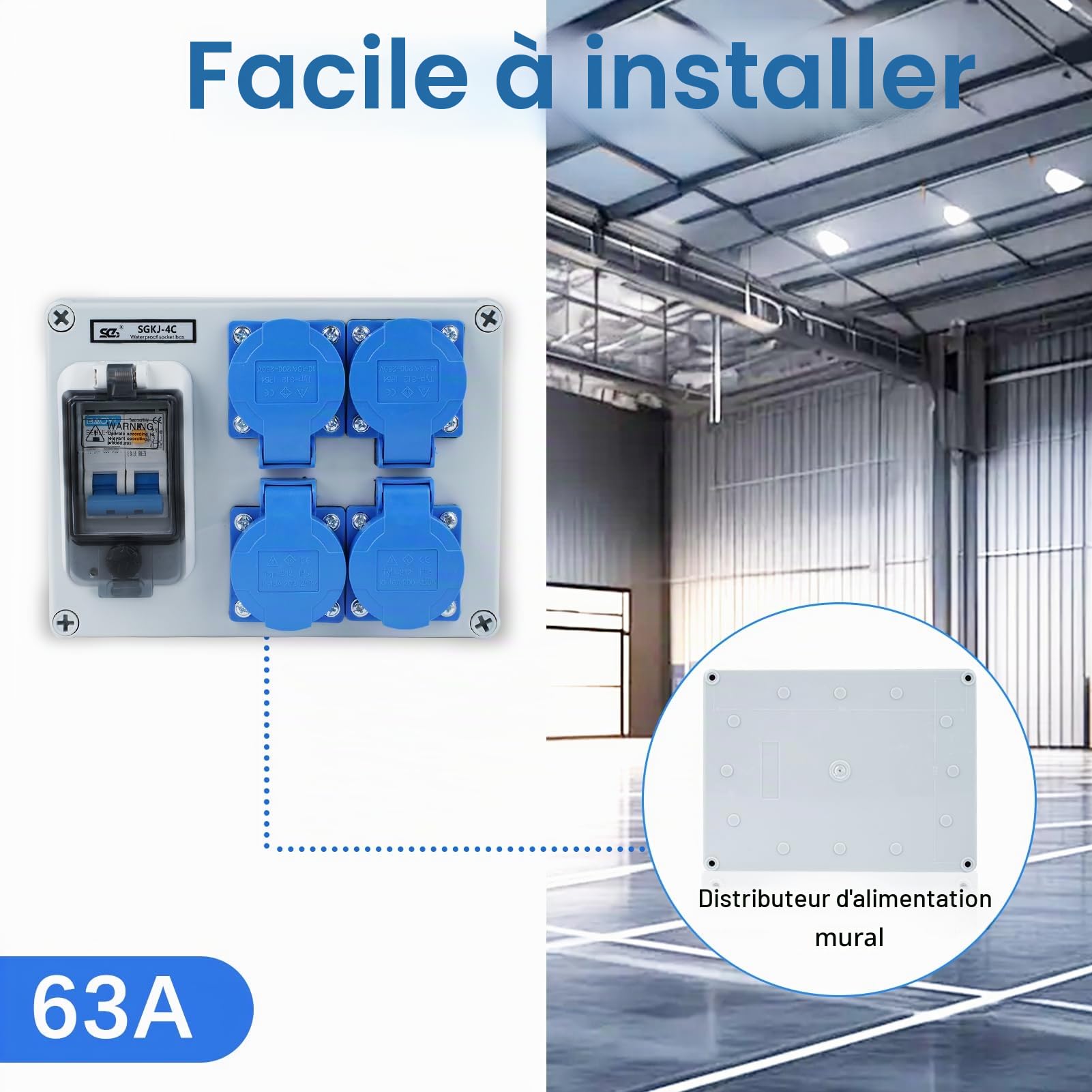 Répartiteur de courant de construction 16A Distributeur de courant fort Distributeur mural avec interrupteur 63A 1P+N Répartiteur de courant 16A avec 4 prises (250V 2 pôles) IP54 étanche.