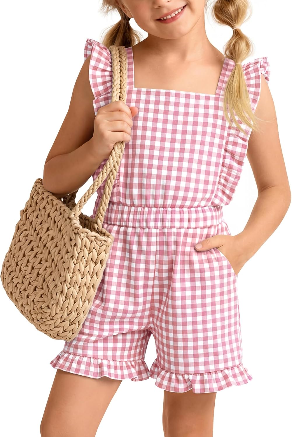 Xaatren Girls Gingham Romper Sleeveless Ruffle Jumpsuit Cute Square Neck Plaid Summer Shorts Outfits Playsuits with Pockets
