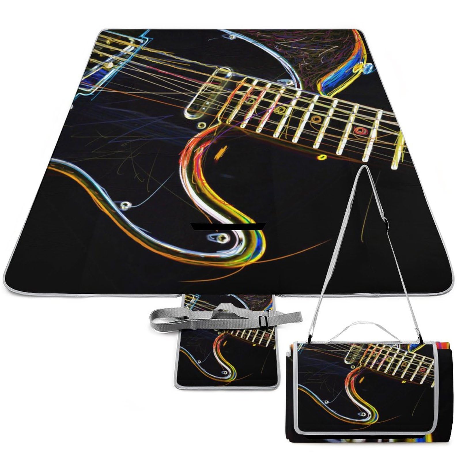 Color Electric-Guitar Picnic Blanket Waterproof Foldable, Large Outdoor Picnic Blanket Beach Blankets Camping Blanket Travel Mat, Shoulder Strap Tote, Rectangle 58x58in