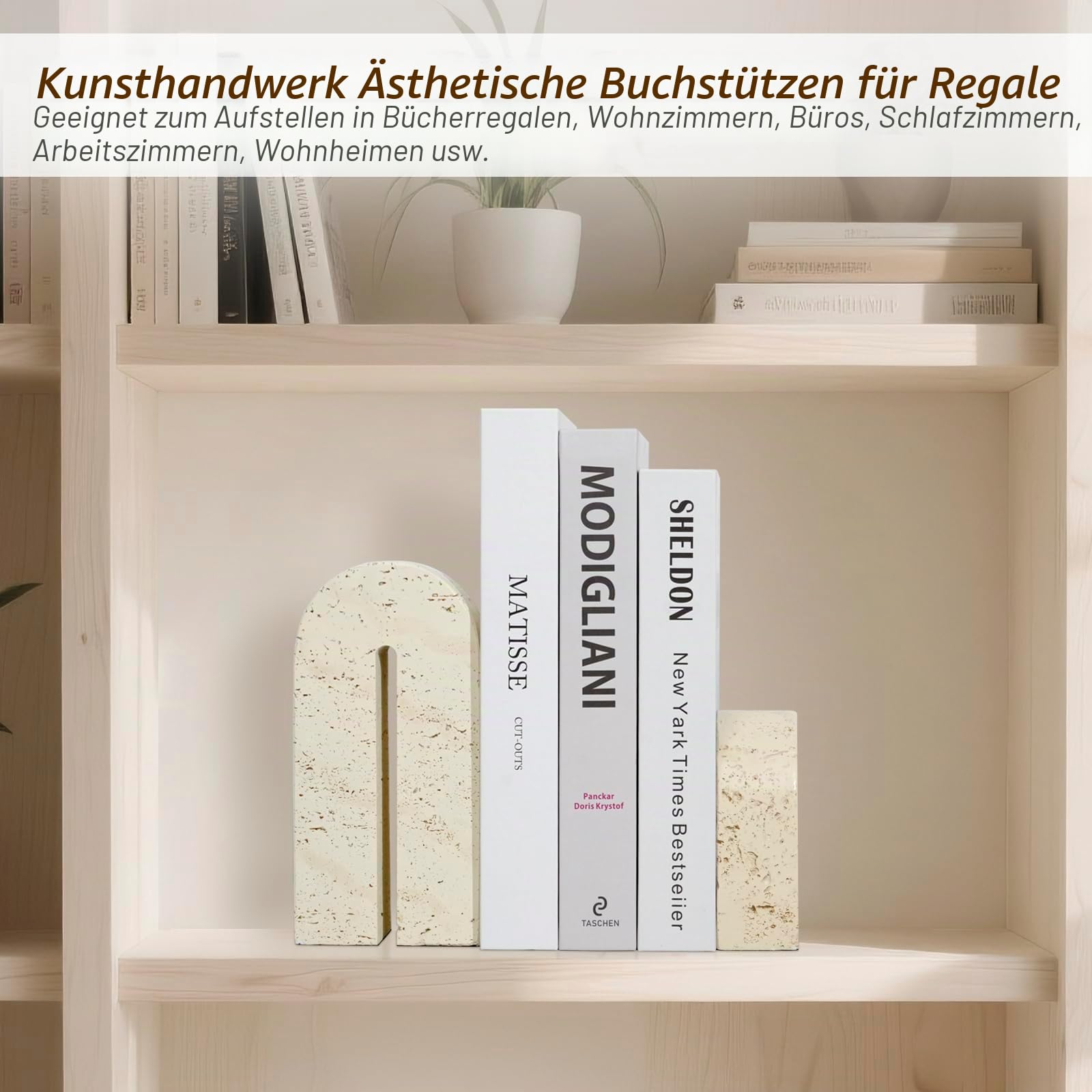 BOHDK Buchstützen für Regale, Harz-Dekorative Buchstützen, Retro-Bogen-Bücherhalter für schwere Bücher, Imitat-Travertin-Buchstopper für Wohndekor, Studium, Bücherregal, Desktop, 2er-Set