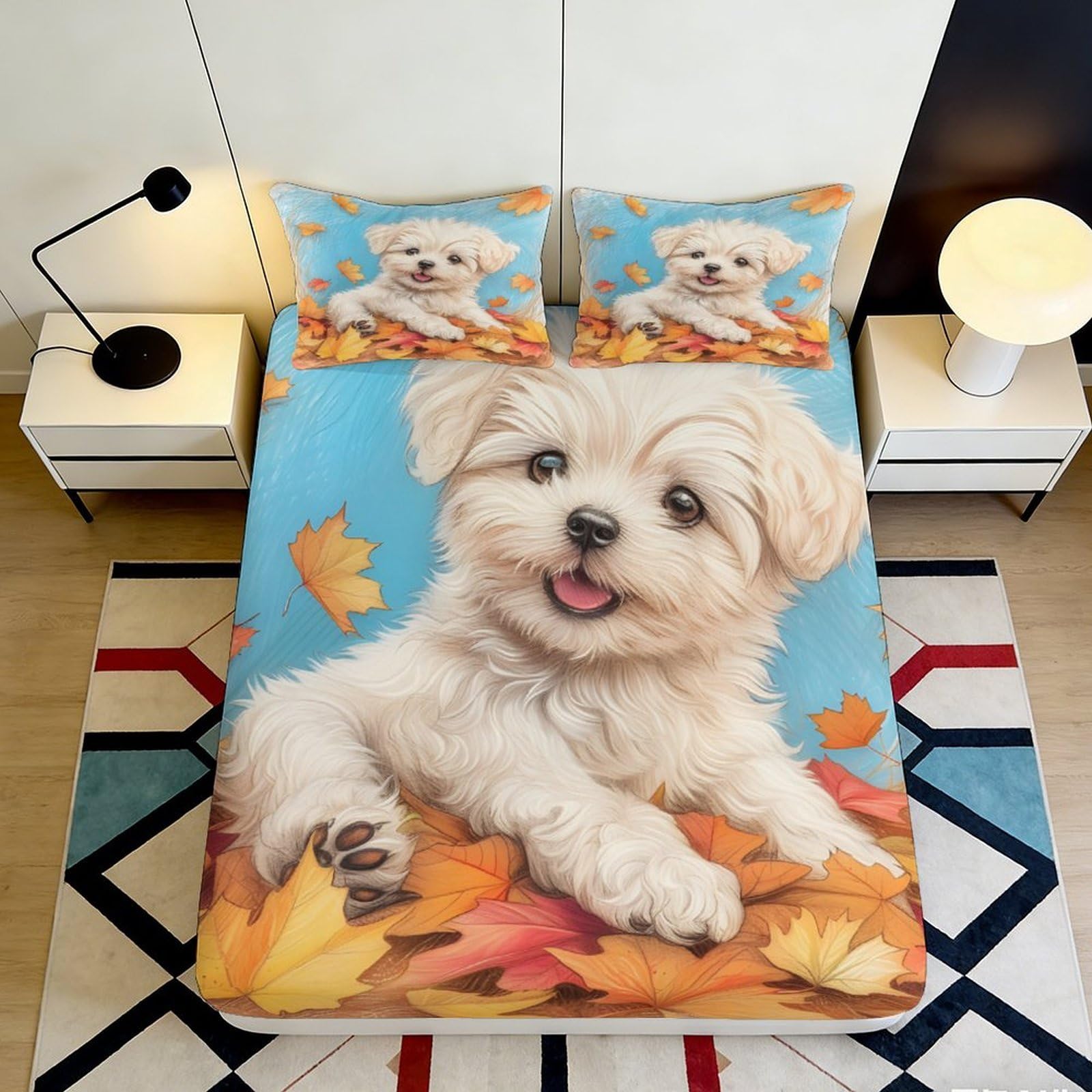 3D Printed Cute Puppy with Autumn Leaves Fitted Sheet Microfiber Soft Mattress Cover for Bedroom Dorm Décor 180x200x25cm
