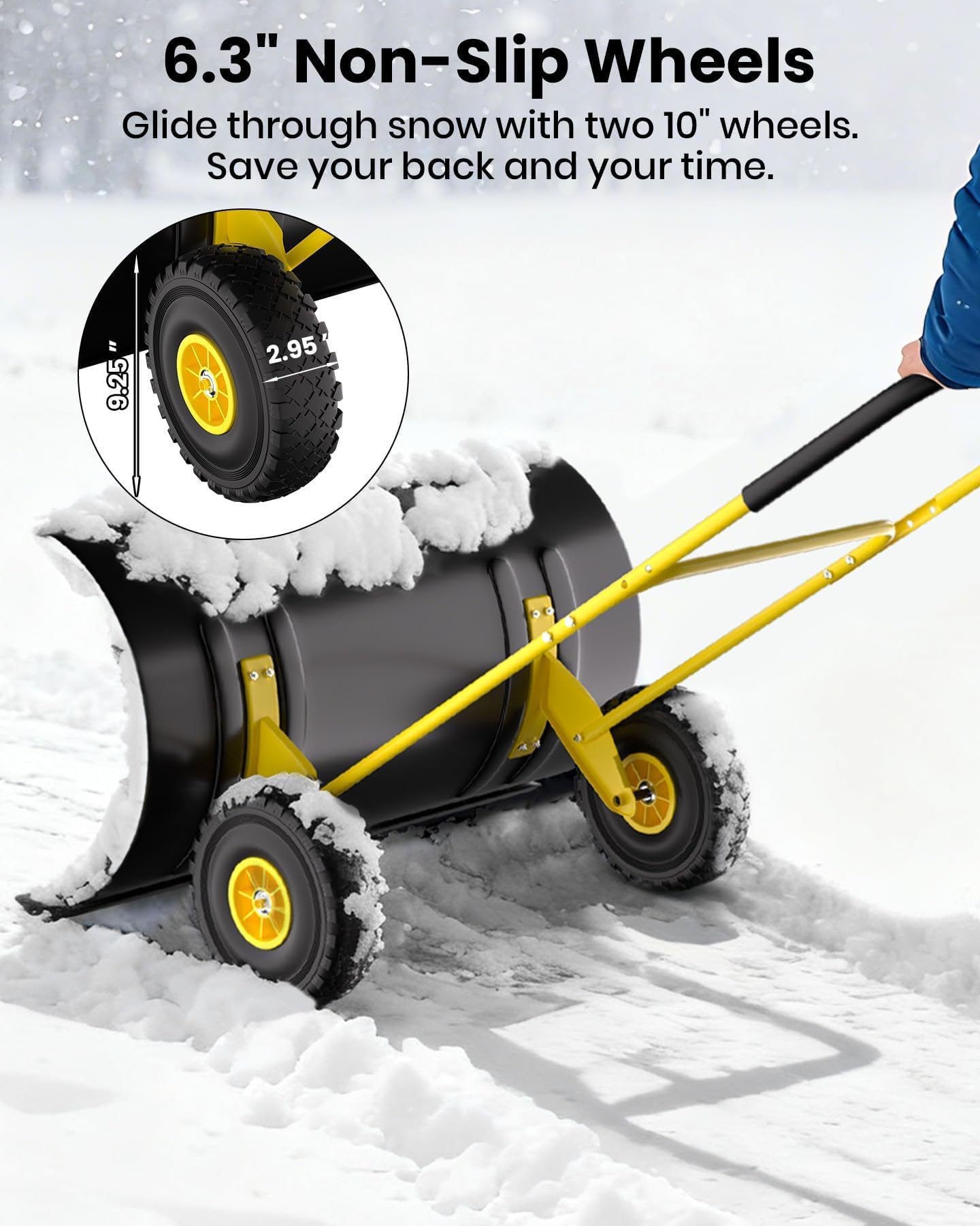 Garvee Pala Quitanieves con Ruedas de Acero al Carbono Empujador de Nieve Manual de Alta Resistencia Doble Mango Ergonómico para Calzadas y Patios Retirada Eficiente Hielo, 91.4 cm, Amarillo