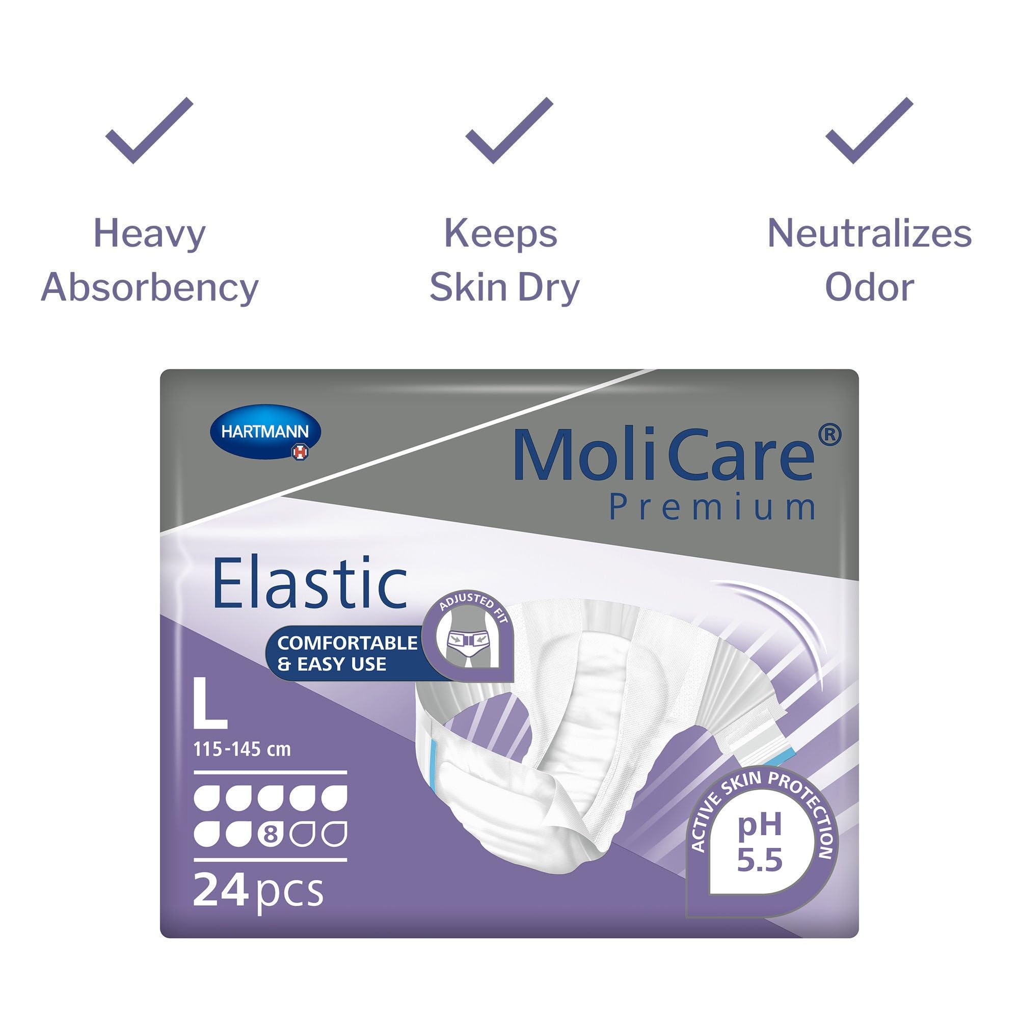 MoliCare Premium Elastic Slip: w przypadku ciężkiego nietrzymania moczu dla kobiet i mężczyzn; 8 kropli, rozmiar L, (obwód bioder 115-145 cm), 3 x 24 sztuki
