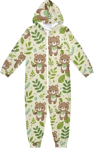 Unisex Kids Jumpsuits Cartoon Bear and Green Leaf Warm Fuzzy Hooded Rompers for Boys and Girls