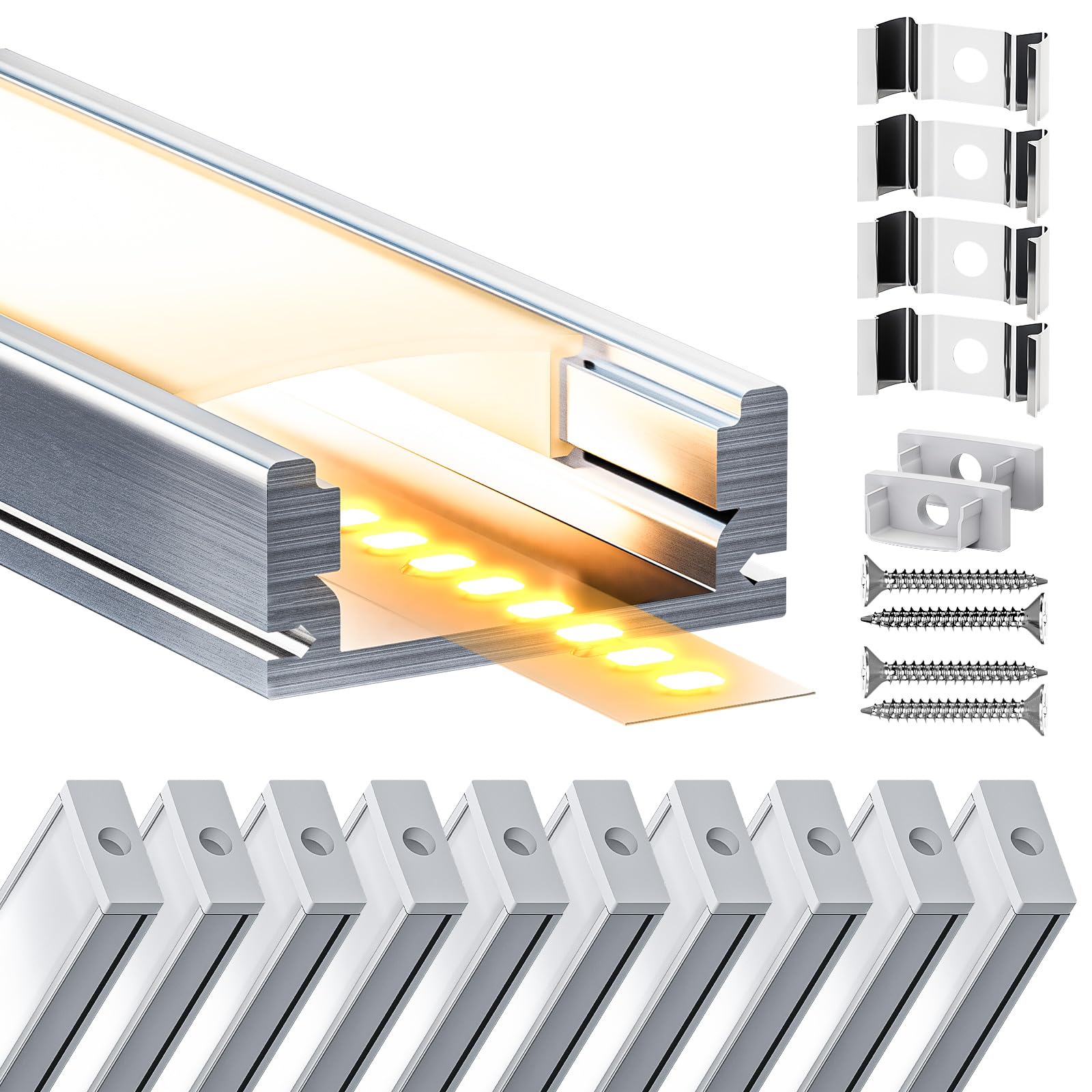 10 x 2 Metri di Profili Rettangolari in Alluminio per Strisce LED (20mt Totali) con Copertura Opaca Adatti a Strisce LED Fino a 12,4 mm di Larghezza - Dimensioni 17,4 x 7 mm
