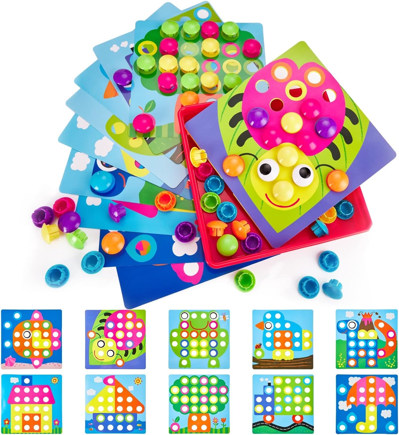 Geekper Toys for 2 3 4 Year Old Boys, Peg Boards for Children Mosaic Pegboard Montessori Toys for Toddlers Educational Mushroom Nails With Pegs Button Gifts - 58 Buttons 10 Pictures