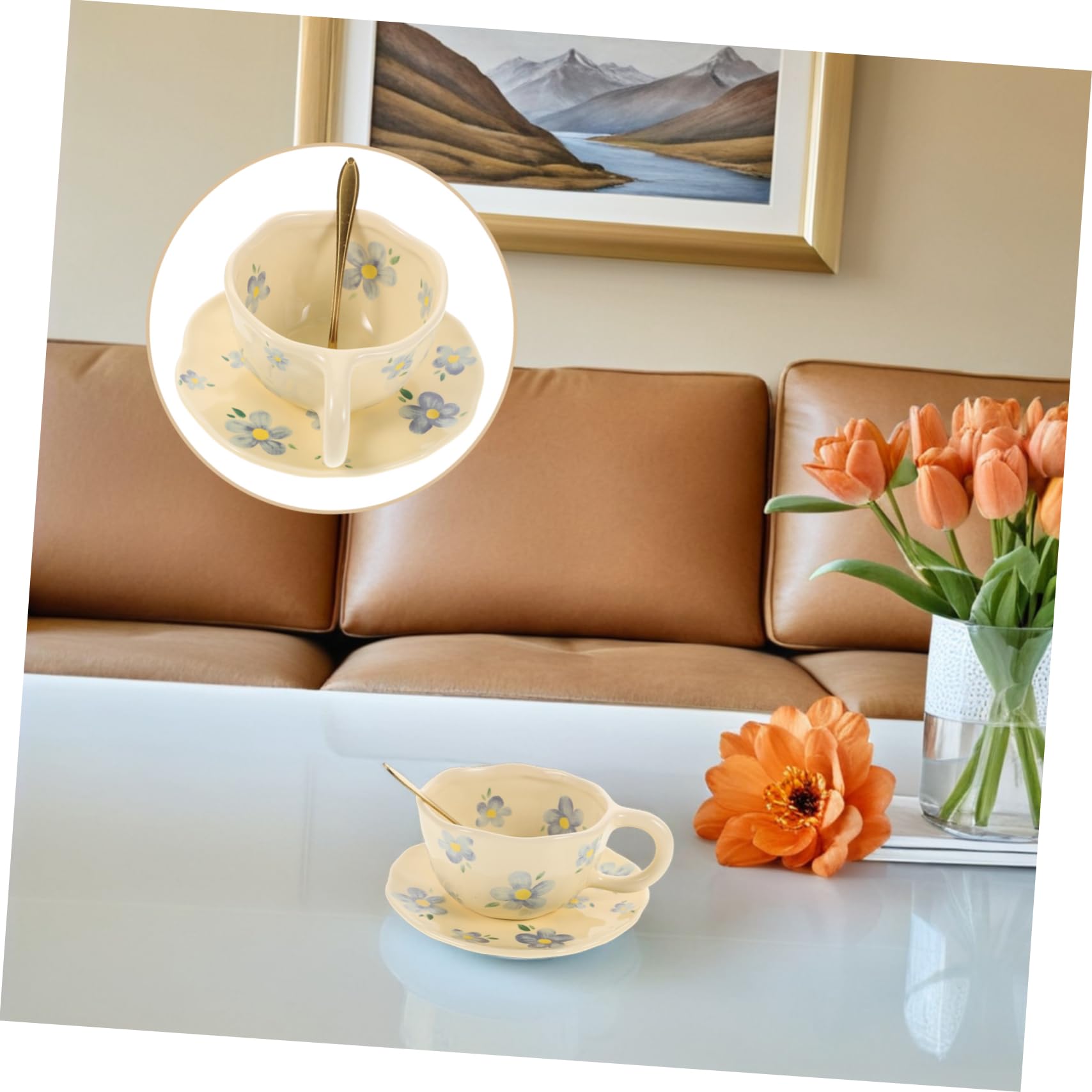 1 Set Tasse à Café en Céramique avec Soucoupe et Cuillère Design Unique Cuisine et Bureau