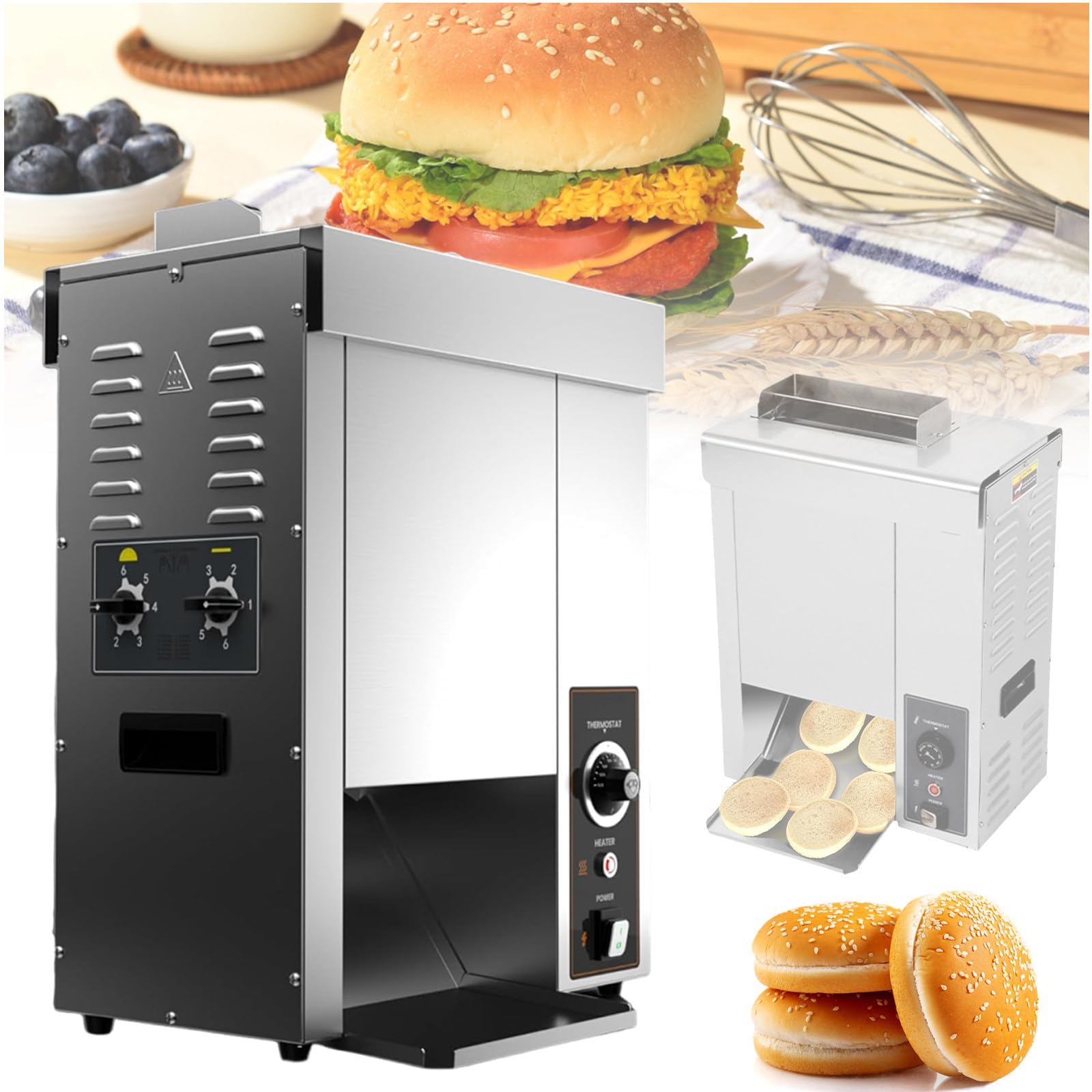 Komercyjny Pionowy Opiekacz do Hamburgerów, Automatyczny Opiekacz do Bułek Ze Stali Nierdzewnej Klasy Spożywczej, z Regulowaną Temperaturą 50℃-300℃, do Fast Foodów/Piekarni, 2000W