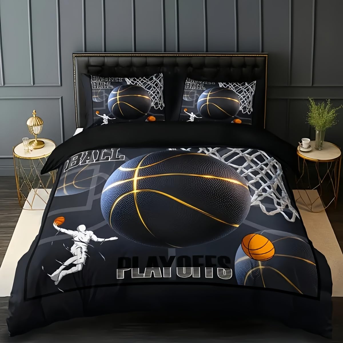 Housse de couette basket-ball 240x260 en microfibre noire avec fermeture éclair