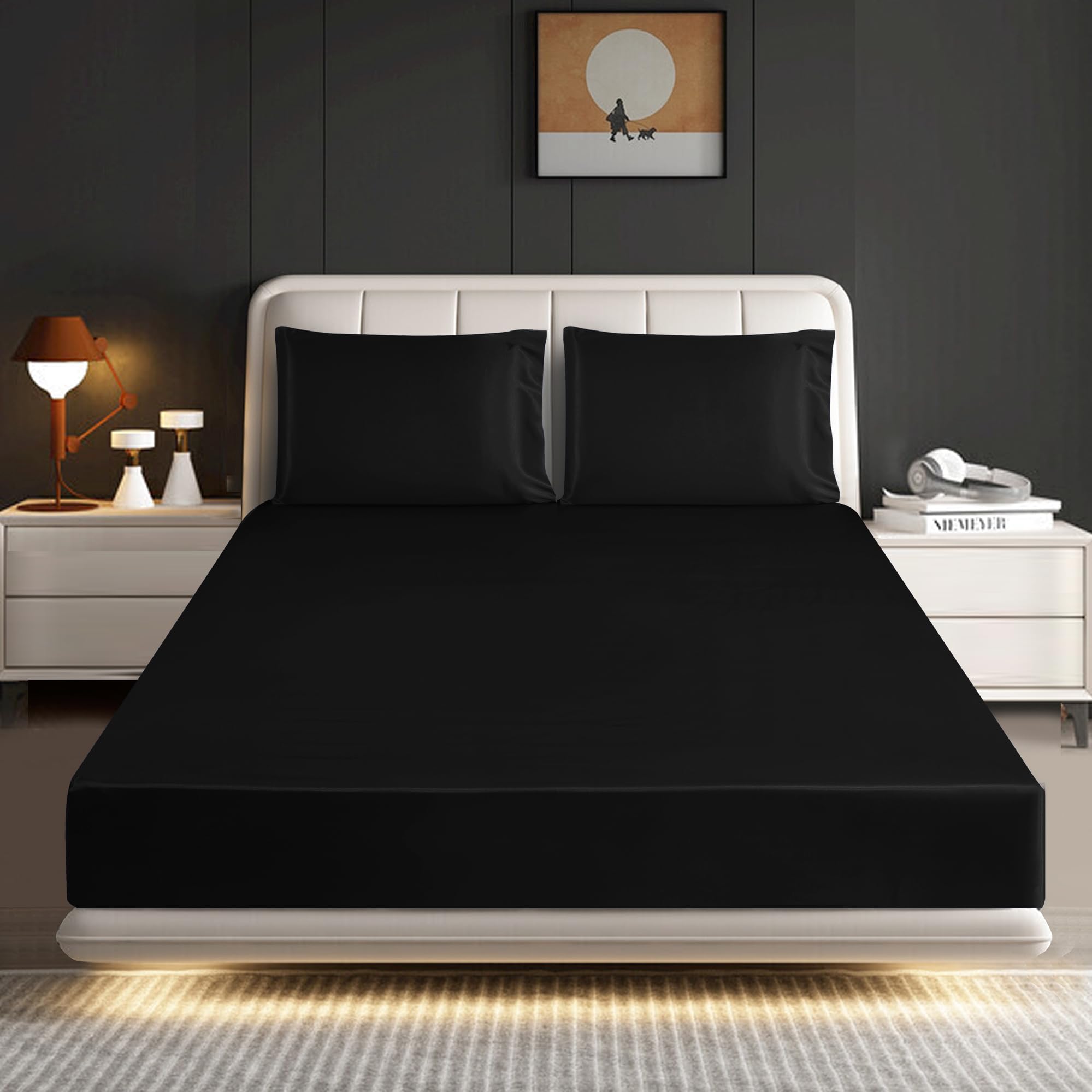 ROOEE Satin Silk Fitted Sheet with Pillowcase Set Breathable Soft Bedding Brushed Fabric Wrinkle, Shrinkage and Fade Resistant Bottom Bed Sheets (BLACK, King)