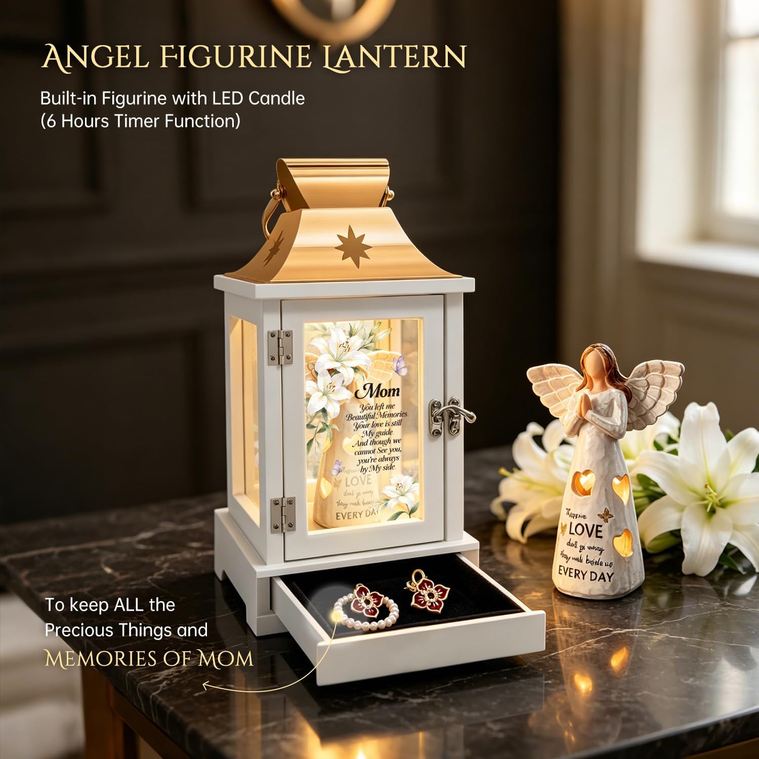 Memorial Lantern with Keepsake Drawer & Angel Figurine | Memorial Gifts for Loss of Mom, Mother | Bereavement Gifts, Sympathy Gifts