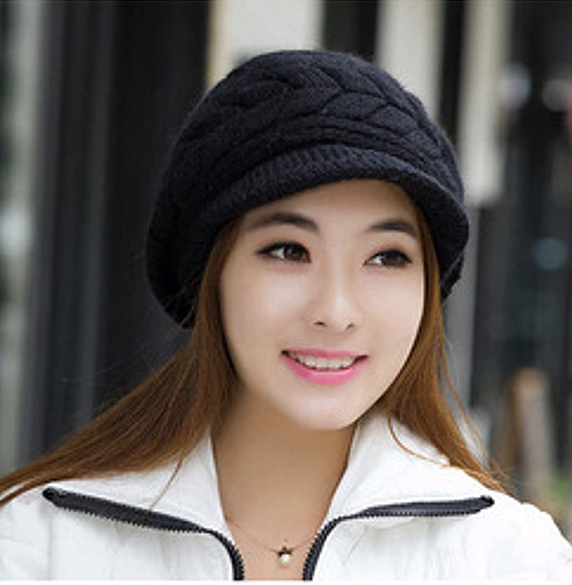 Roll Up Women's Girls Cute Fall Winter Cozy Fur Earflap Knitted Wool Ski Cap Beret Newsboy Beanie Hat Visor (Black_1)