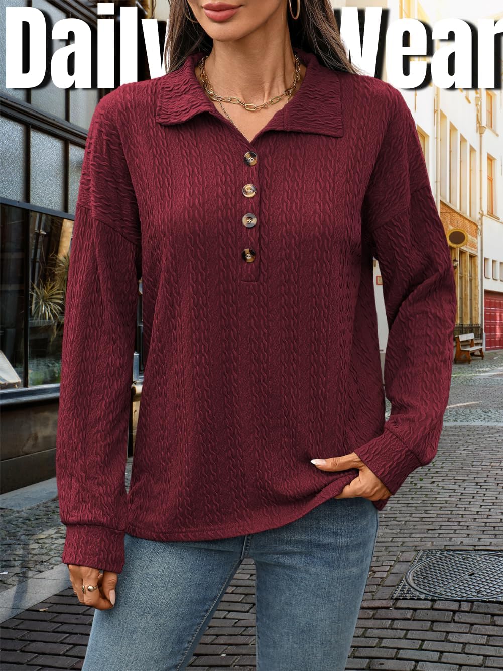 Textured Knit Tops,Button Down Oversized Tunic Shirts for Women,Casual Fall Work from Home Outfits - Image 3