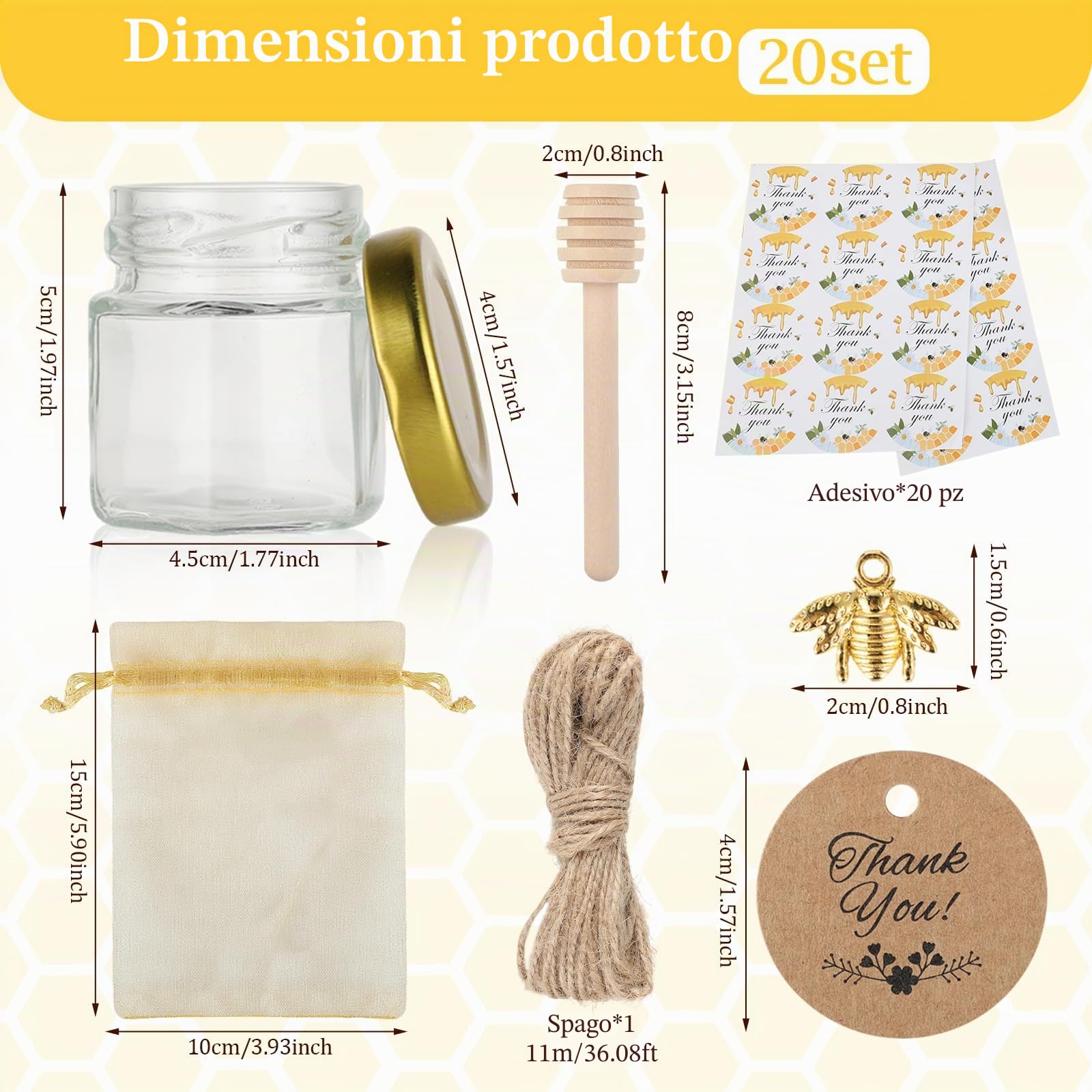 20 Pack 45ml Mini Vasetti per Miele Esagonali in Vetro, con Mestolo in Legno, Carte, Ciondolo a Forma di Ape, Ciocche di Canapa, Perfetto per baby shower, nozze e bomboniere di festa