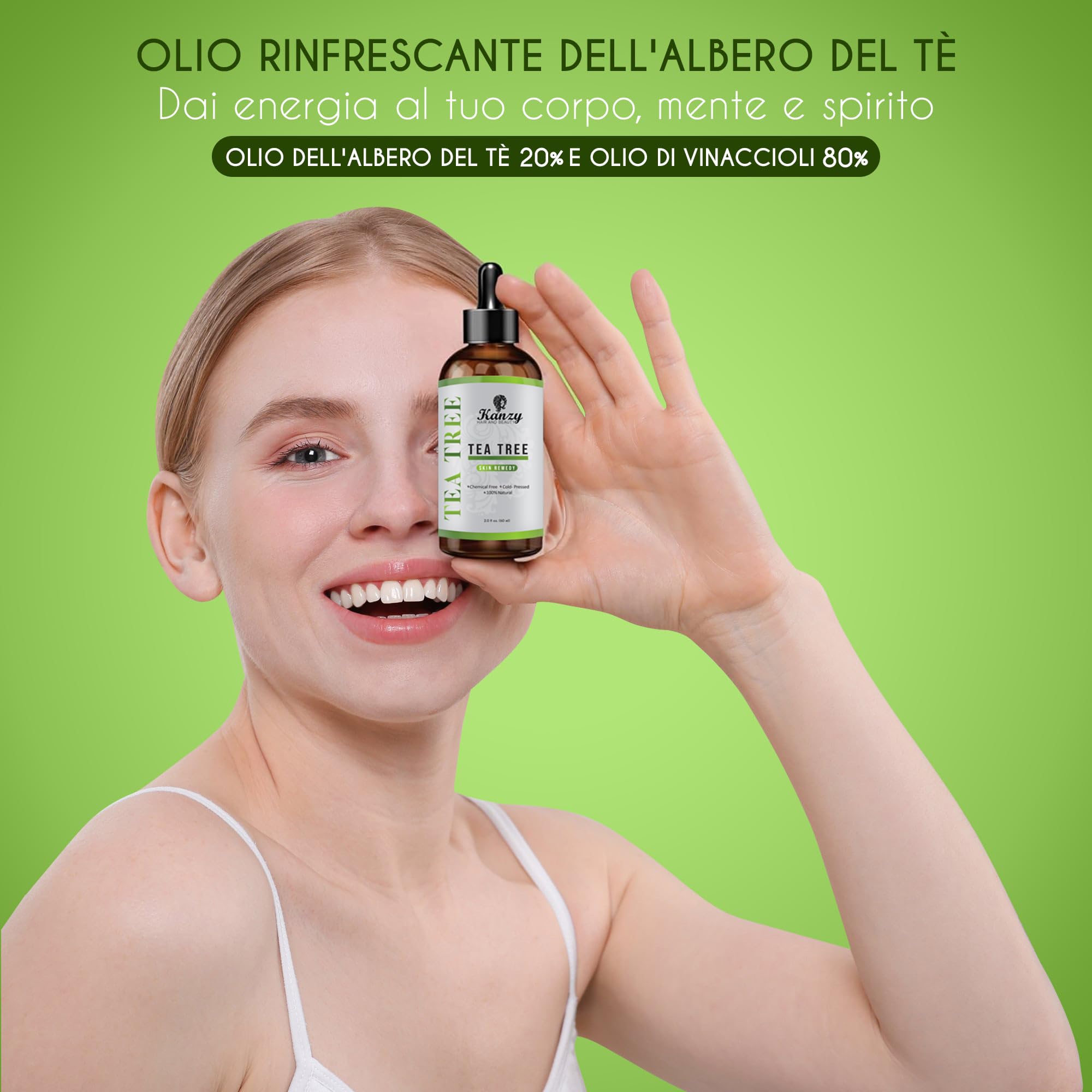 Kanzy Tea Tree Oil 60ml Olio di Albero Del Tè per Viso, Corpo, Unghie, Capelli e Aromaterapia Diffusore, Olio Essenziale Tea Tree