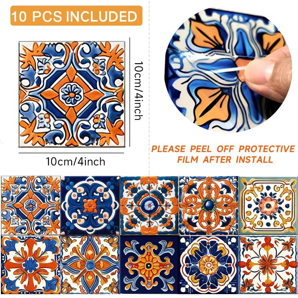 ArtisanAura Peel and Stick Moroccan Tile Stickers, Waterproof Backsplash for Kitchen & Bathroom, Self-Adhesive Removable Talavera Boho Wall Decals for Home Decor (6x6 Inch, 10 PCS)