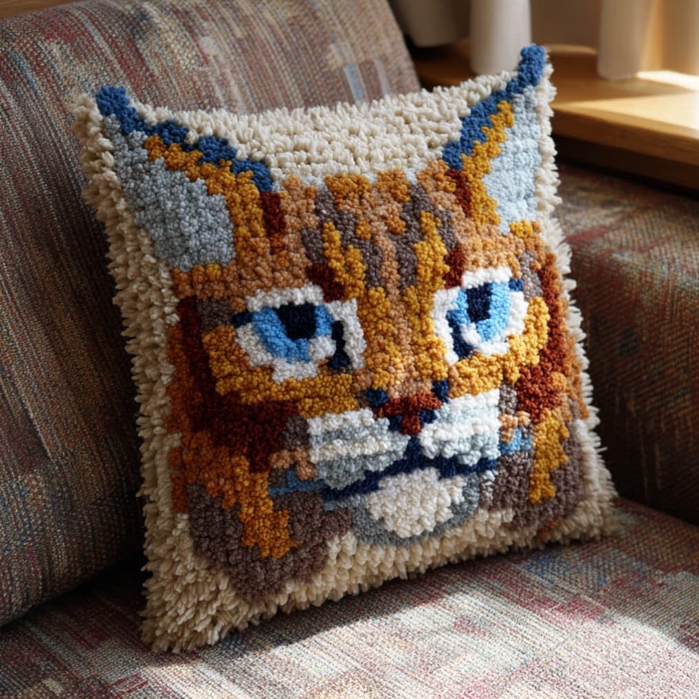 Taxpy Latch Hook Cushion Kit for Adults Beginners Lynx Complete All-in-One DIY Rug Making Kit with Hook, Yarn and Canvas-Creative Craft Gift- Home Decor Pillow Cover 17X17 Inch