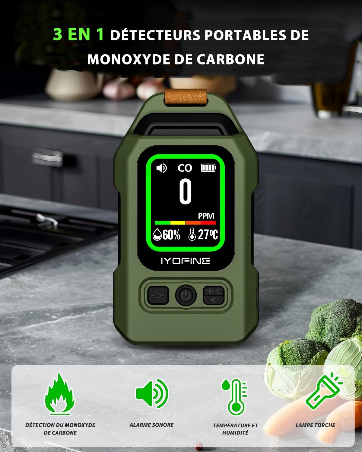 Detector de monóxido de Carbono portátil con 300 Horas de autonomía de batería, termohigrómetro, Alarma y luz de Emergencia – Ideal para Camping y Viajes