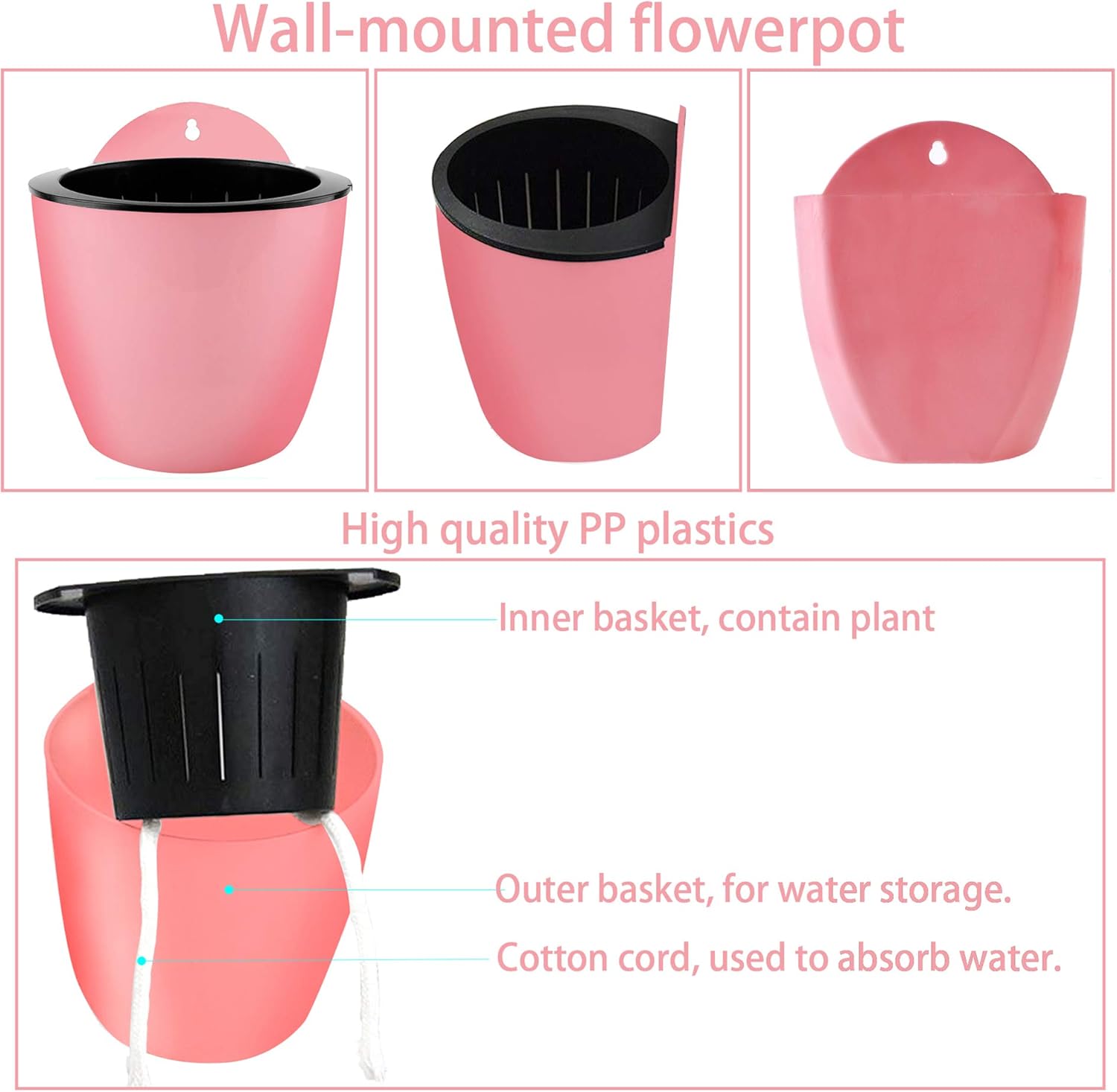 7Pack Self-Watering Plant Flower Pot Wall Hanging Plastic Planters Size 7 inch with 7 Hooks Replacement for Plants Flowers Indoor Outdoors