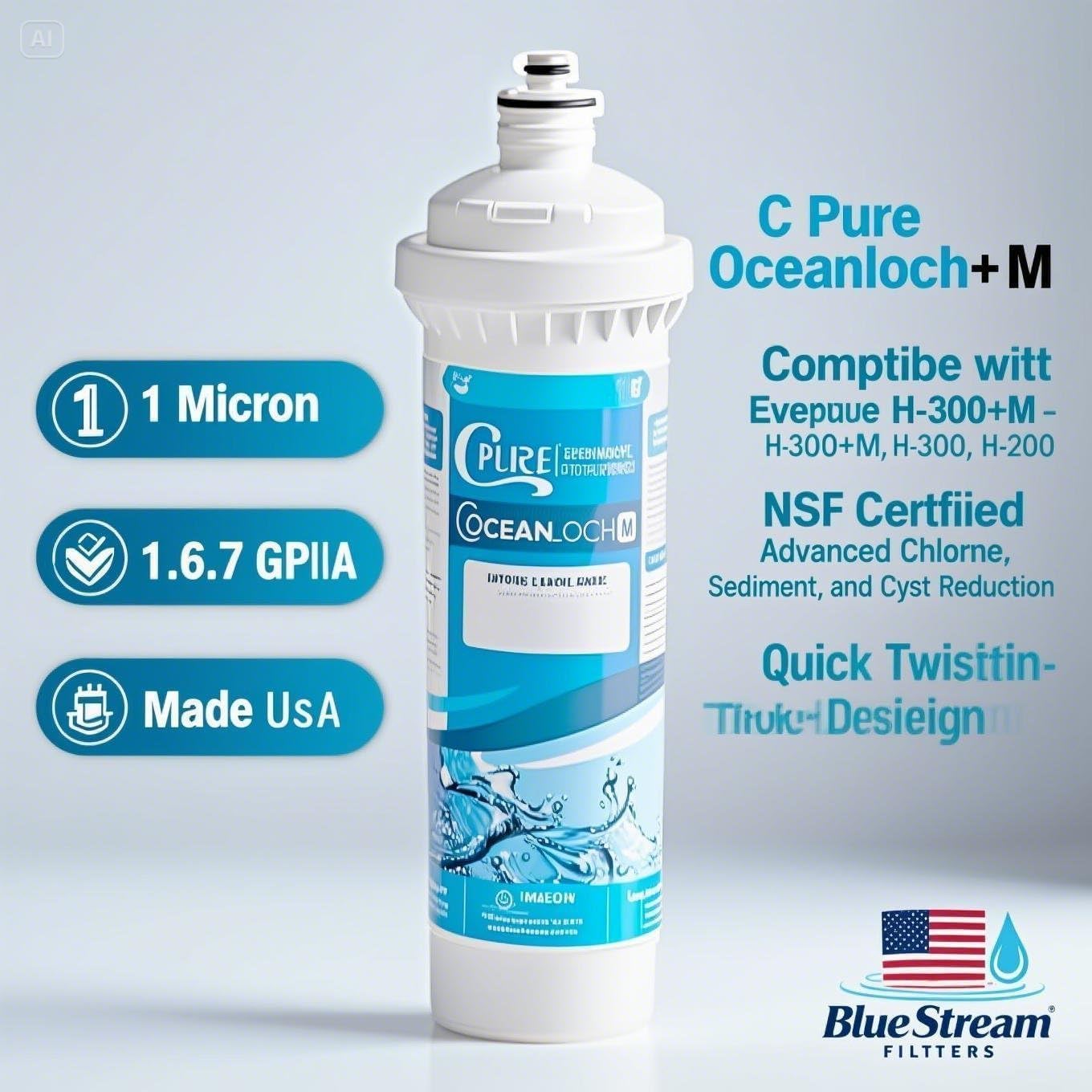 C Pure Oceanloch+M Water Filter Replacement Cartridge – 1 Micron Rating, 1.67 GPM Flow Rate (+M) Compatible with Everpure H-300+M, H-300 and H-200