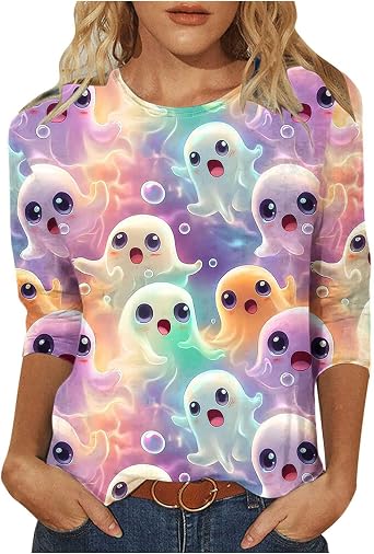 Halloween T-Shirts for Women Classic Fit Ghost T Shirt Cute Festive Tops