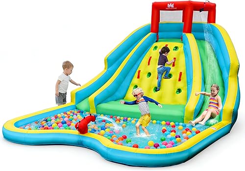 Vista 17 de BOUNTECH Tobogán acuático inflable, estilo dinosaurio, parque de toboganes dobles con casa de rebote, castillo de salto con 2 cañones de agua