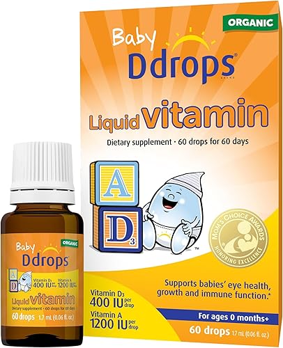Ddrops Vitaminas líquidas orgánicas para bebés A&D gotas para bebés, 60 gotas. Apoya la salud ocular de los bebés, el desarrollo óseo y la función