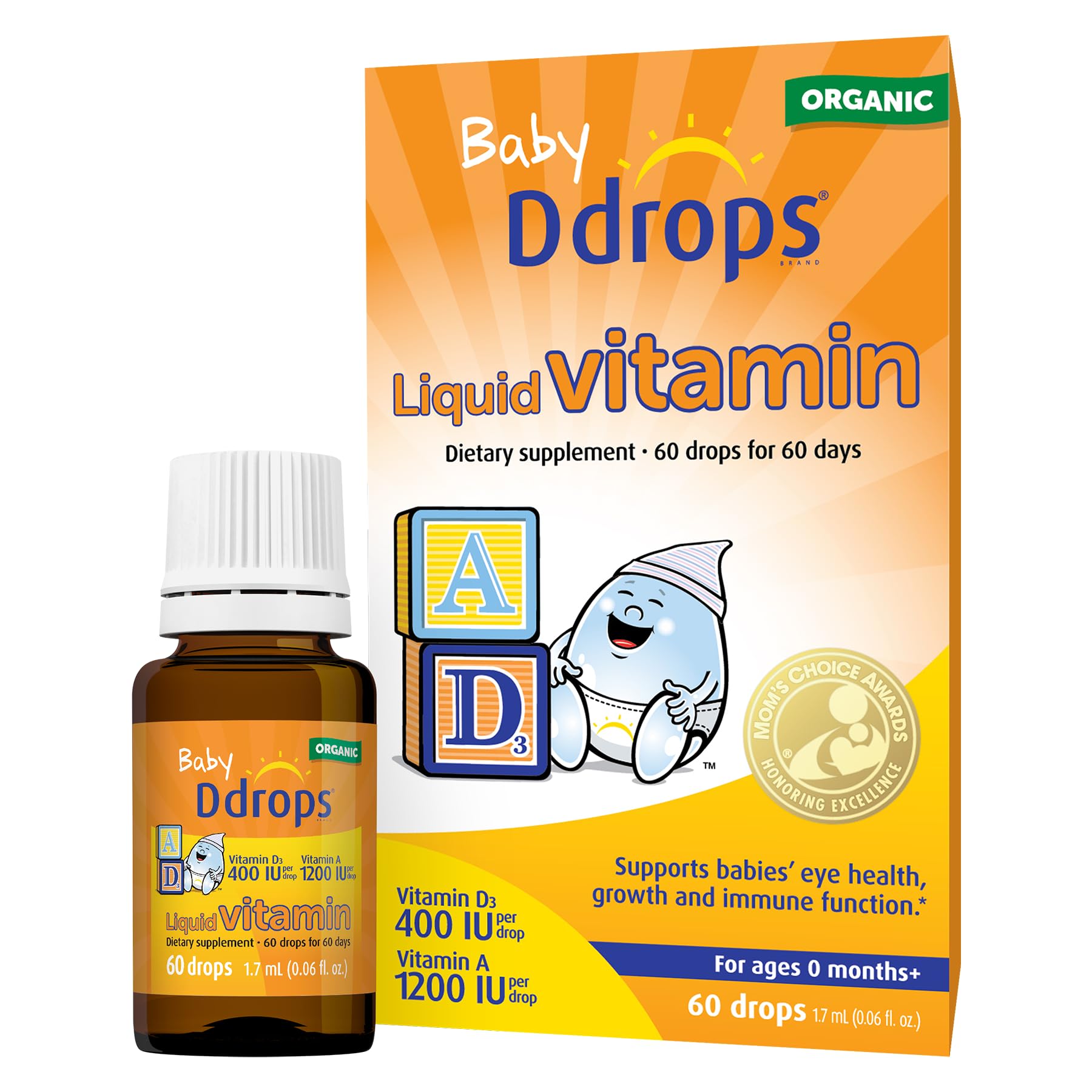 Ddrops® Baby Organic Liquid Vitamins A&D Drops for Infants, 60 Drops. Supports Babies’ Eye Health, Bone Development and Immune Function. Certified Organic, Non-GMOs, Allergy-FriendlyUSDA Organic