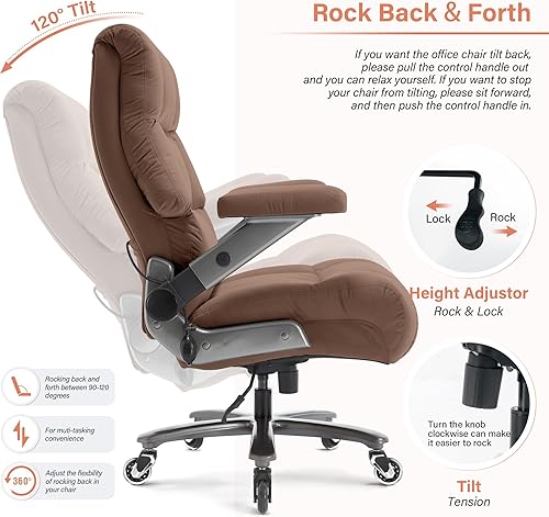 Miniatura 8 de Silla de oficina grande y alta, 500 libras, silla de escritorio ejecutiva de tela con soporte lumbar ajustable, brazos abatibles 3D, ruedas