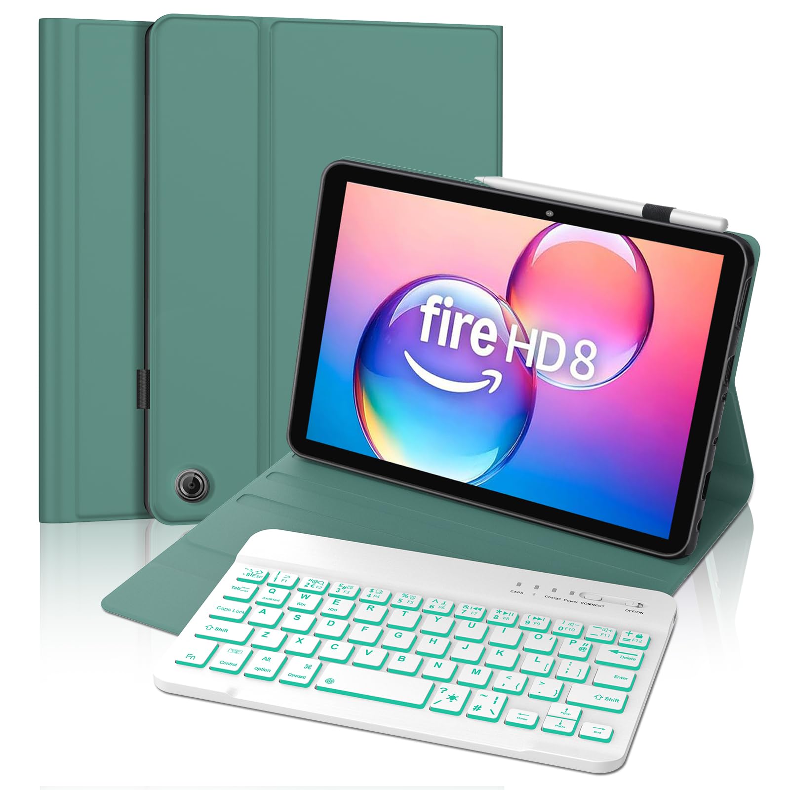 FOGARI Custodia per tastiera per Fire HD 8" (14a/12a generazione 2024/2022), 7 colori, retroilluminata, layout UK, copertura per tastiera Bluetooth staccabile per tablet HD 8, verde scuro
