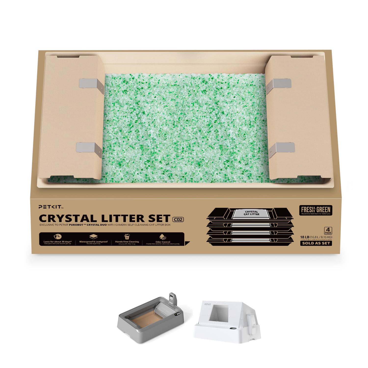 PETKIT Crystal Litter Tray Replacement - 4 Packs, Compatible with Purobot Crystal Duo Self Cleaning Cat Litter Tray, Non-clumping, Dust-Free, Mess-Free, Odour Control